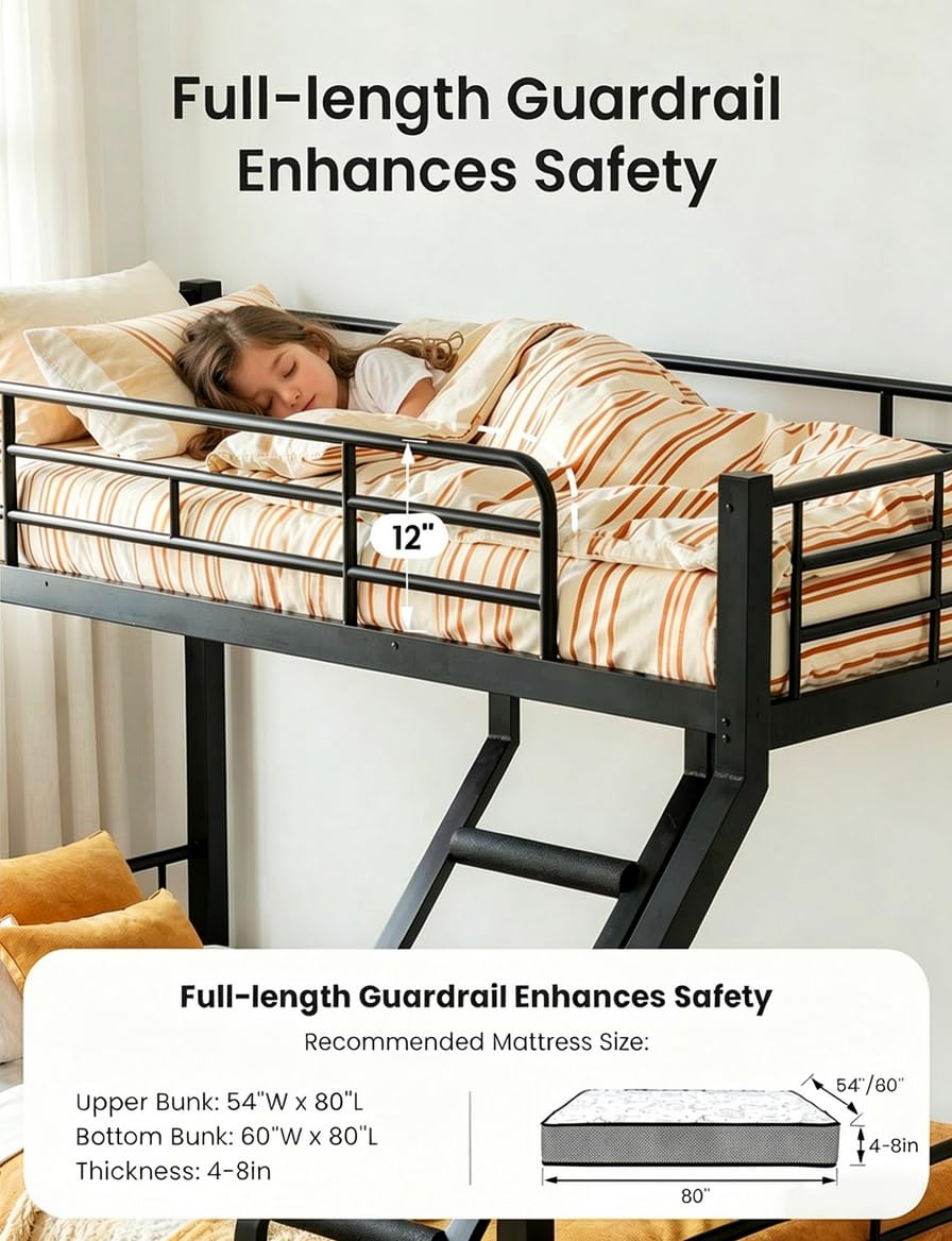 Mixcous Twin XL Over Queen Bunk Bed for Adults, Heavy Duty Metal Bunk Beds with Safety Guardrails & EVA Padded Ladder, Twin XL Over Queen Bunk Beds Frame with Noise-Free Slats, Space-Saving(Black)