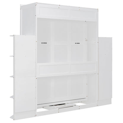 Rotating Full Murphy Bed with Hidden Wall Cabinet, Dual 3-Tier Side Shelves, Convertible Desk, Extra Storage Racks, Space-Saving Multifunctional Wall Bed for Home Office &Small Rooms, White