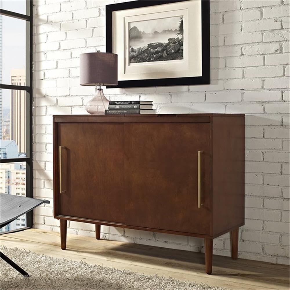 BOWERY HILL Mid-Century Media Console Table, 44 in x 18 in x 34.25 in, MDF/Birch Veneer, Mahogany Finish, Gold Metal Hardware, Hinged Top, Vinyl Record Storage, Sliding Doors, Living Room Turntable