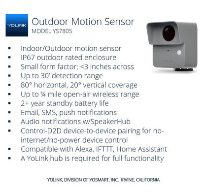 YoLink LoRa Smart Outdoor Motion Detector Sensor, Driveway Alert, Property Invasion/Tresspassing Detector, 1/4 Mile Open Air Range, Email/SMS/Push Alerts, Alexa, IFTTT, Home Assistant (Hub Required)