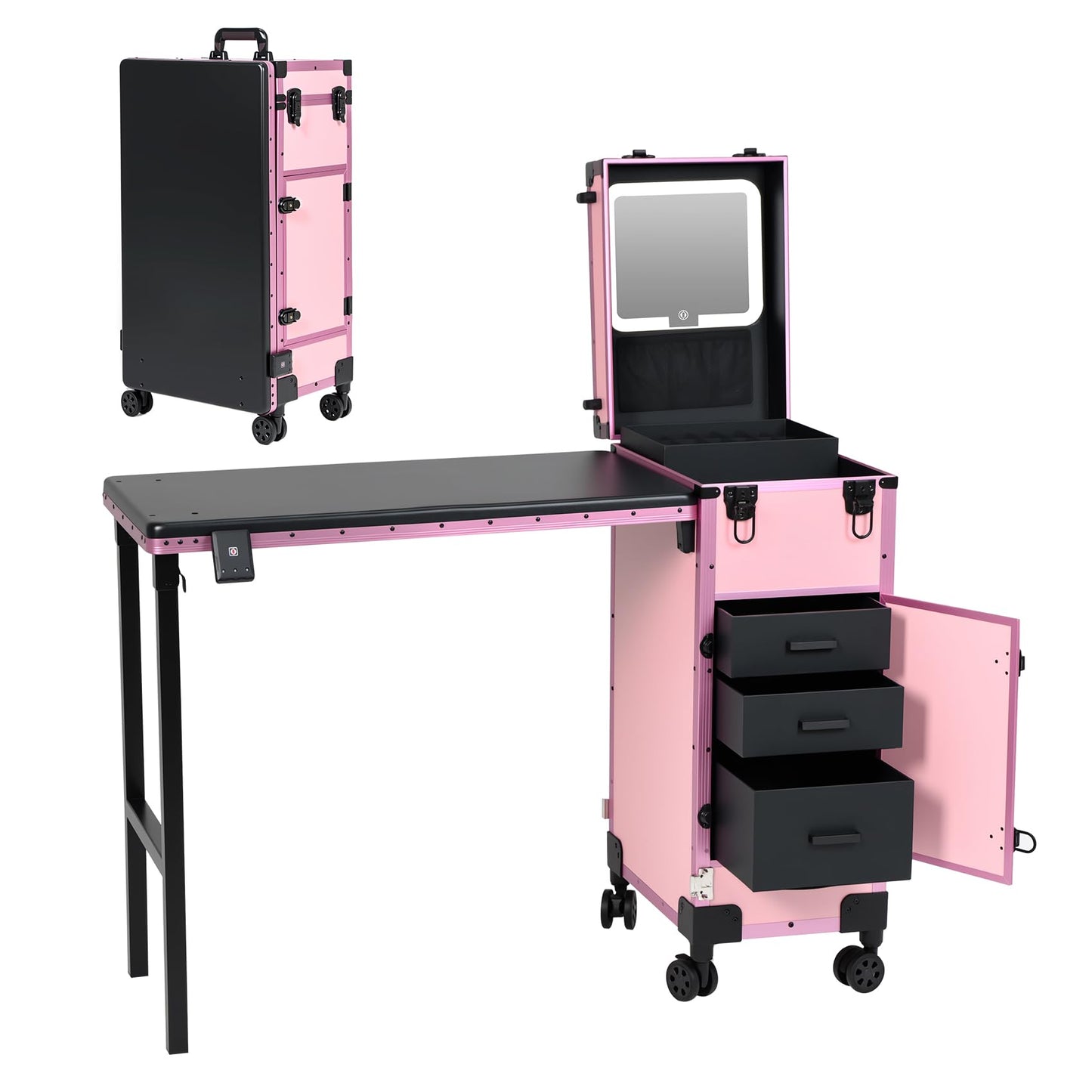 Rolling Portable Manicure Table with 3 Drawers, Lockable Makeup Train Case with Detachable Mirror, Foldable Nail Desk with Wheels & Handle, Mesa de Uñas Profesional para Nail Techs & Salon Use, Pink