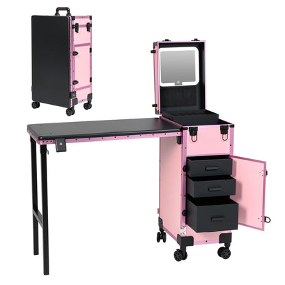 Rolling Portable Manicure Table with 3 Drawers, Lockable Makeup Train Case with Detachable Mirror, Foldable Nail Desk with Wheels & Handle, Mesa de Uñas Profesional para Nail Techs & Salon Use, Pink
