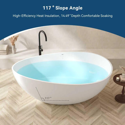 FerdY Lamu 63" Stone Resin Freestanding Bathtub, Gracefully Shaped Freestanding Bathtub, Solid Surface Soaking Tub, Matte White, cUPC Certified, Pop-up Drain and Integrated Slotted Overflow