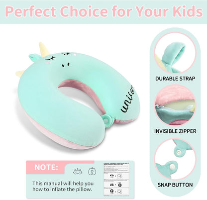 Set urnexttour Neck Travel Pillow for Kids, Unicorn Airplane Memory Foam Pillow with Cute Sleep Mask & Earplugs