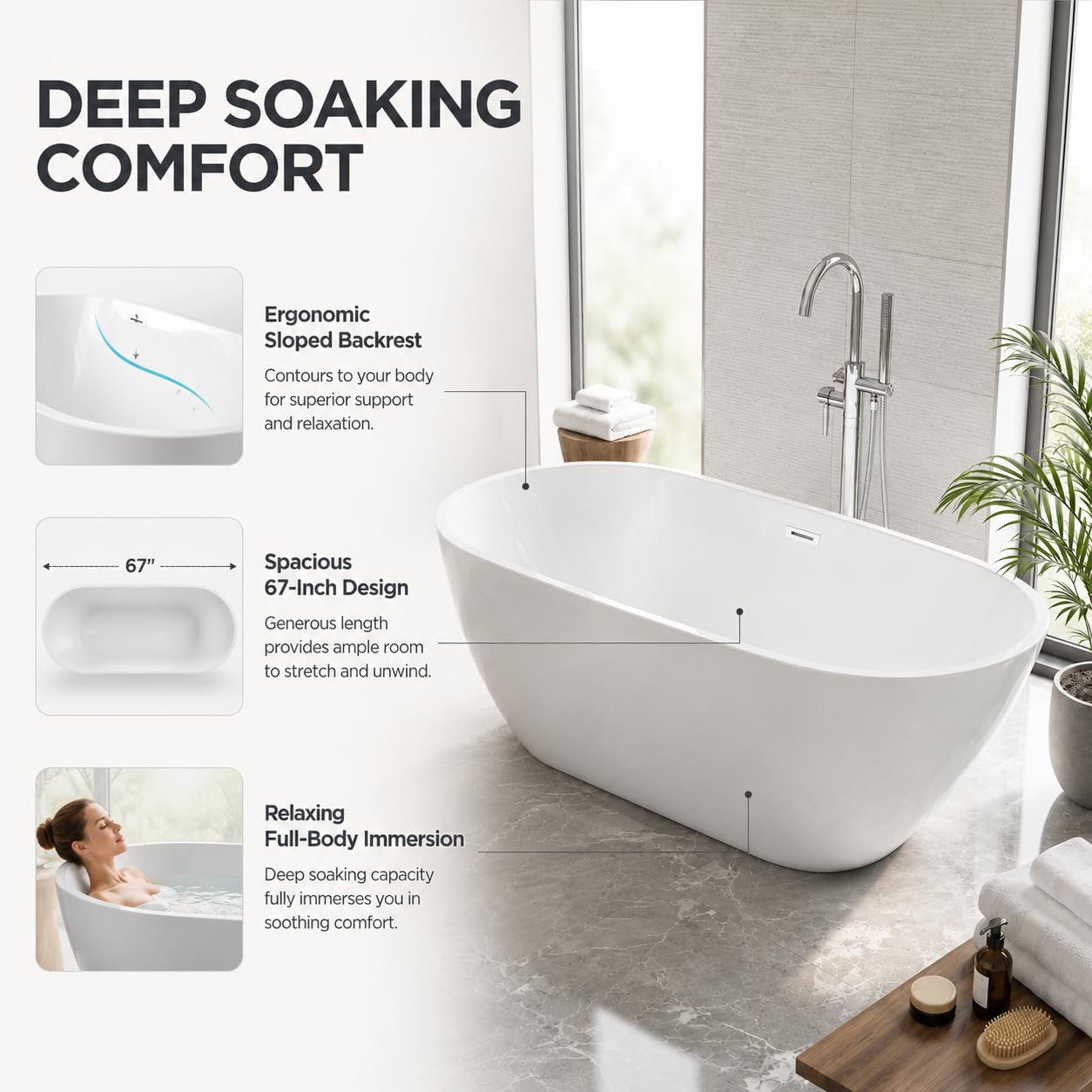 Garvee 67" Deep Soaking Bathtub, Non-Slip Acrylic Tub with Chrome Drain, cUPC Certified, Ergonomic Modern Bath for Bathrooms, Easy-Install, White Pearl