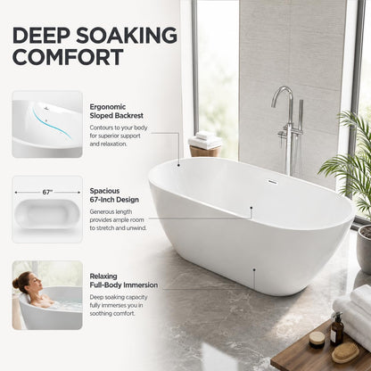 Garvee 67" Deep Soaking Bathtub, Non-Slip Acrylic Tub with Chrome Drain, cUPC Certified, Ergonomic Modern Bath for Bathrooms, Easy-Install, White Pearl