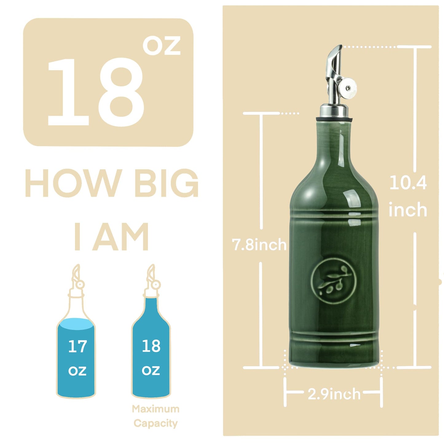 MIKIGEY Olive Oil Dispenser Bottle with Spout, 18 oz Ceramic Oil Dispensers for Kitchen, Opaque Cruet, EVOO & Vinegar Bottle with Automatic Stainless Steel Pourer, Pack of 1, Jade Green