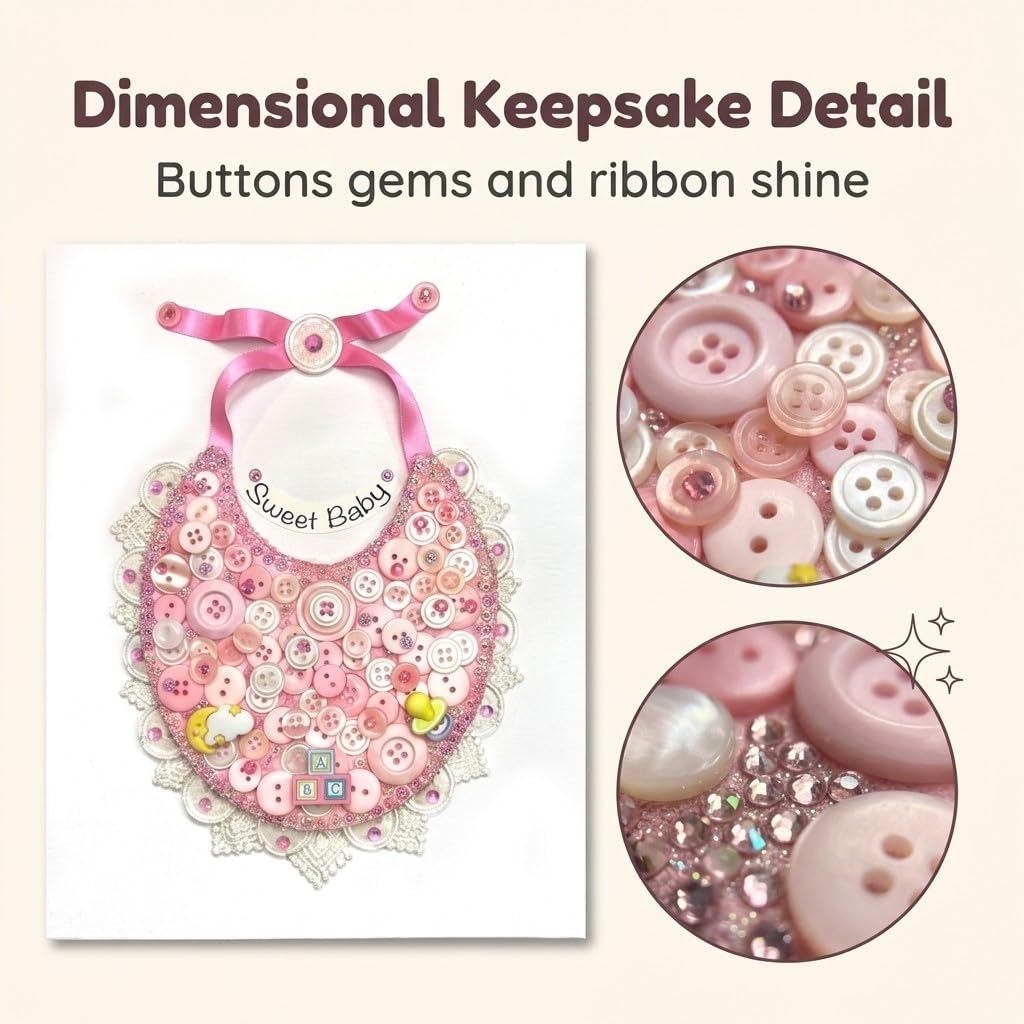 DIY Baby Bib Button Art Canvas Kit – Sweet Baby Nursery Craft Kit with Buttons, Gems & Ribbon – 8x10 Canvas Wall Decor