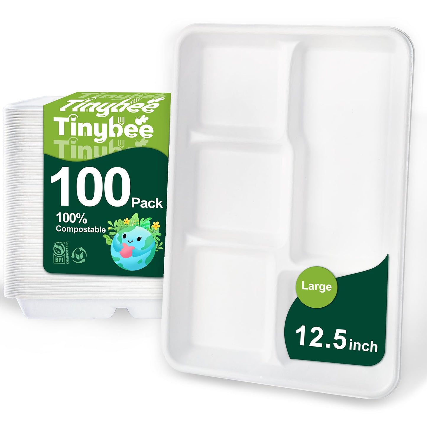Tinybee 100% Compostable 5 Compartment Paper Plates 12.5 * 8.6 Inch [100-Pack] Large Heavy Duty Divided Disposable Eco-Friendly Bagasse Plates Lunch Trays for Buffet/Party/School (BPI-Certified) White