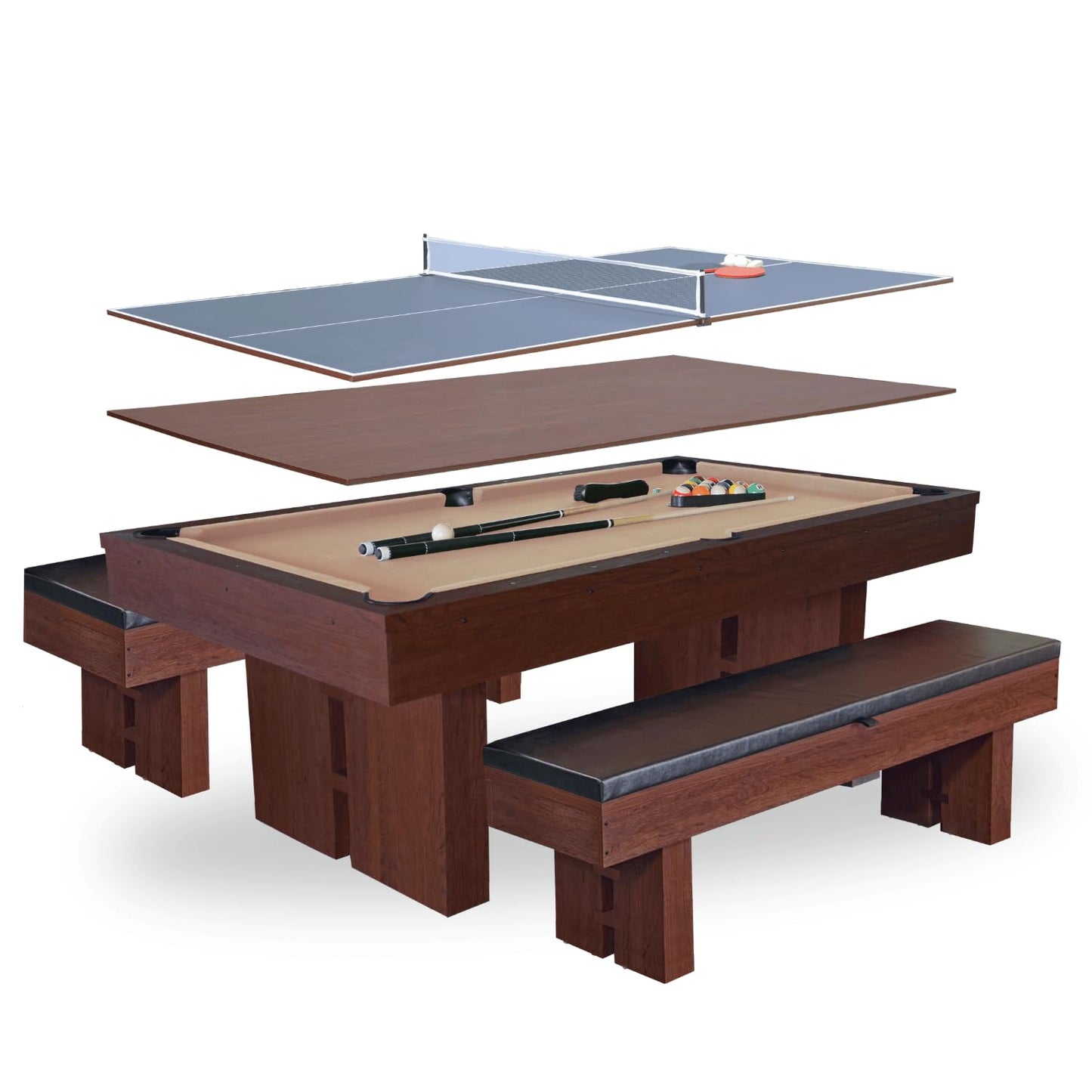 7 FT Pool Table with Dining Top, 3-in-1 Combo Game Table Billiards, Ping Pong and Dining Table. NEW & Improved Design 2026! (Table with Benches)