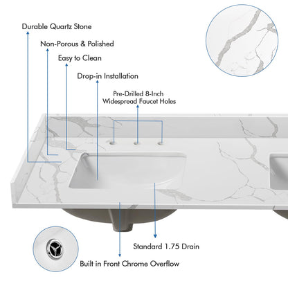 EQLOO 60 in.W x 22 in.D Quartz Calacatta River Vanity Top,with Undermount Double Sink Vanity Top,with Two Sidesplash & One Backsplash,8 Inch Faucet Hole Spread Bathroom Vanity Sink Countertop