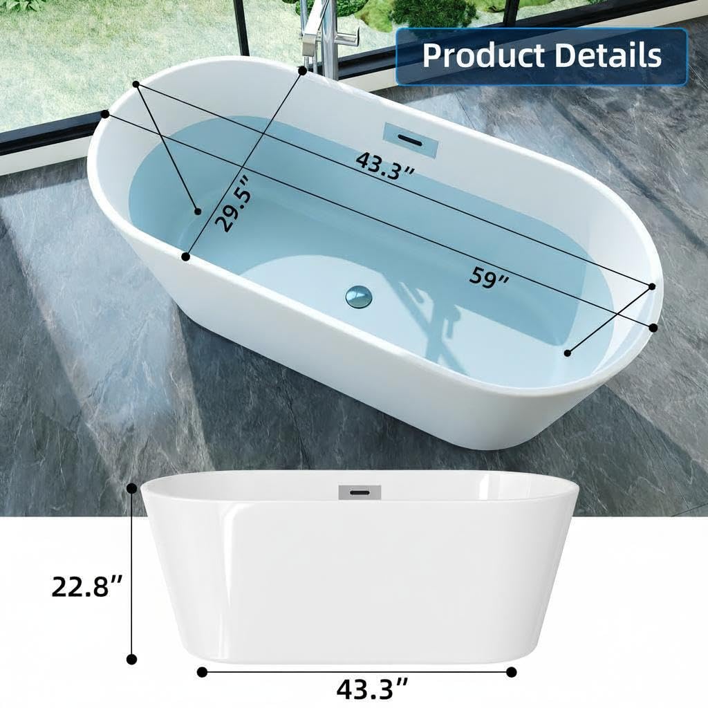 Garvee 59 in Acrylic Freestanding Bathtub - Extra Deep Soaking Tub for Adults, Stand Alone Tub with Integrated Overflow Drain, CUPC Certified Modern Bathroom Tub, White