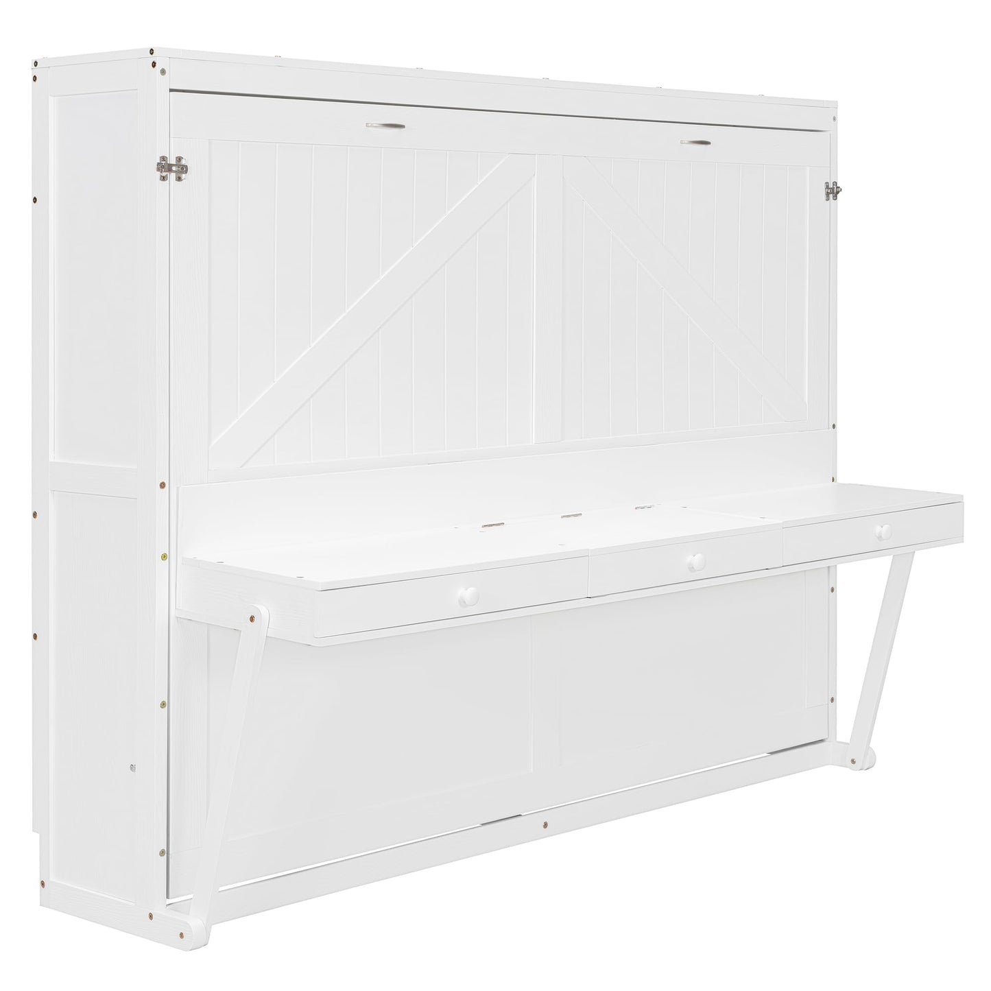 Merax Queen Size Murphy Bed with Vanity Desk, Foldable Murphy Cabinet Bed with Center Mirror and 2 Side Storage Drawers, Wood Space-Saving Hidden Wall Bed Cabinet for Guest Room Office, White