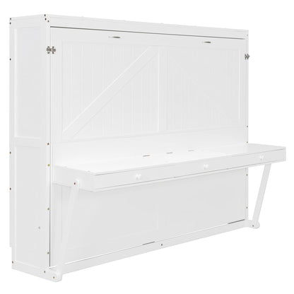 Merax Queen Size Murphy Bed with Vanity Desk, Foldable Murphy Cabinet Bed with Center Mirror and 2 Side Storage Drawers, Wood Space-Saving Hidden Wall Bed Cabinet for Guest Room Office, White