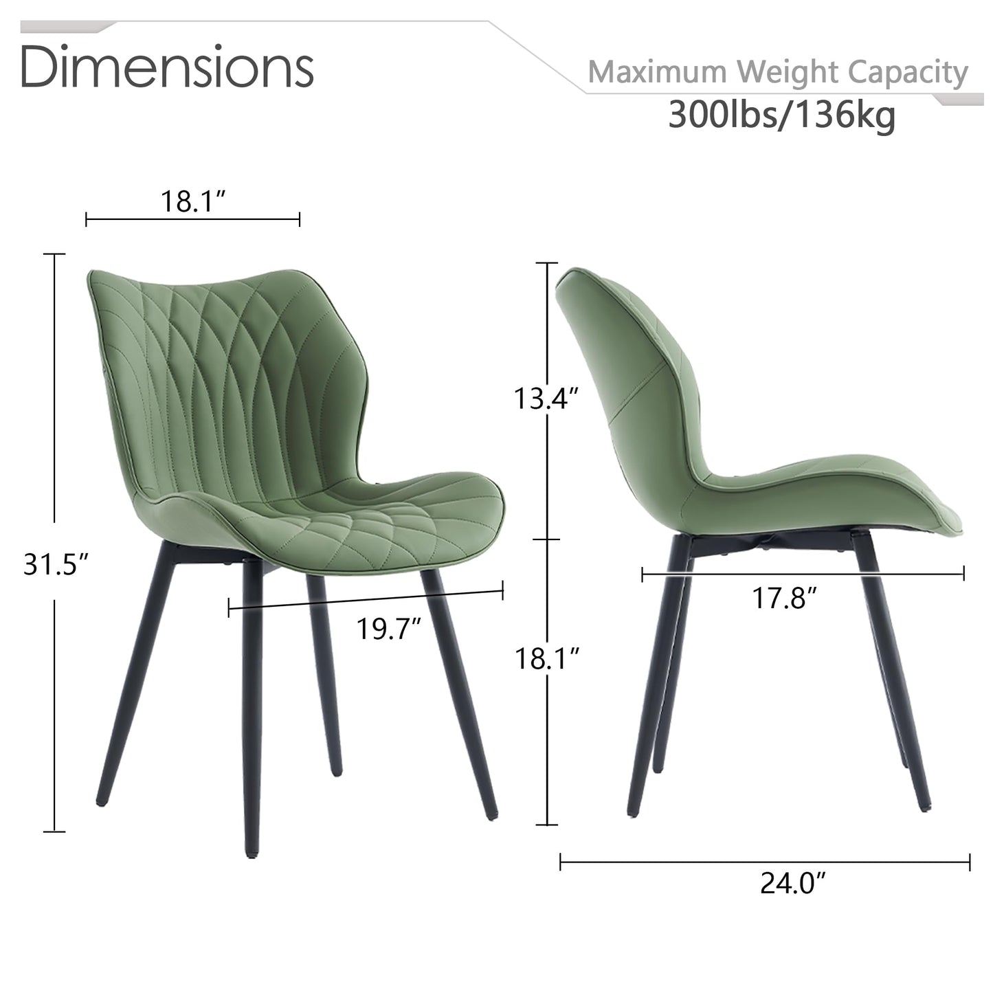 Kidol & Shellder Dining Chairs Set of 2, PU Leather Upholstered Kitchen Chairs with Back Armless, Mid Century Modern Side Chair for Dining Room, Living Room, Lounge, Restaurant, Bean Green