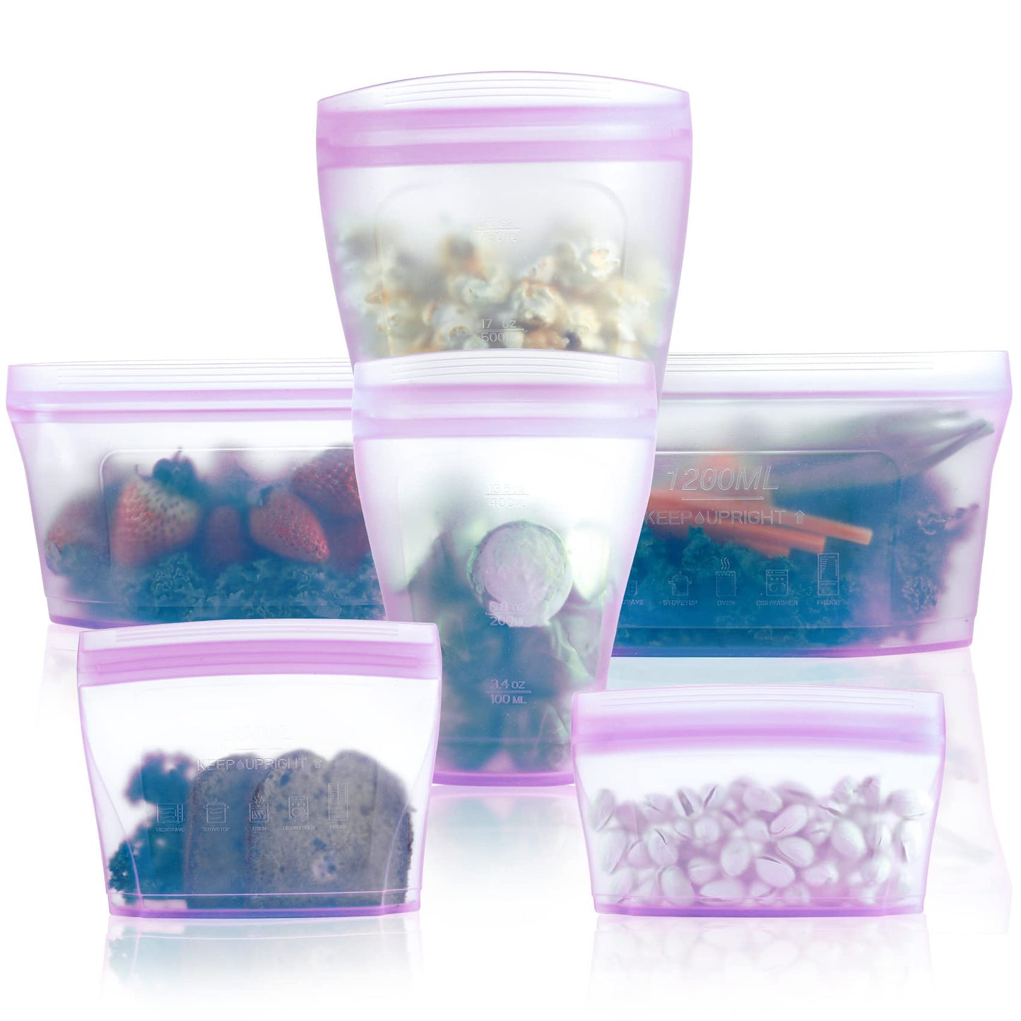 Reusable food container silicone bag, Upgrade second generation 6 Pcs Zip Containers Storage, 100% Silicone Reusable Food Bag, Stand Up Preservation Bag, Rounded interior for easy cleaning.