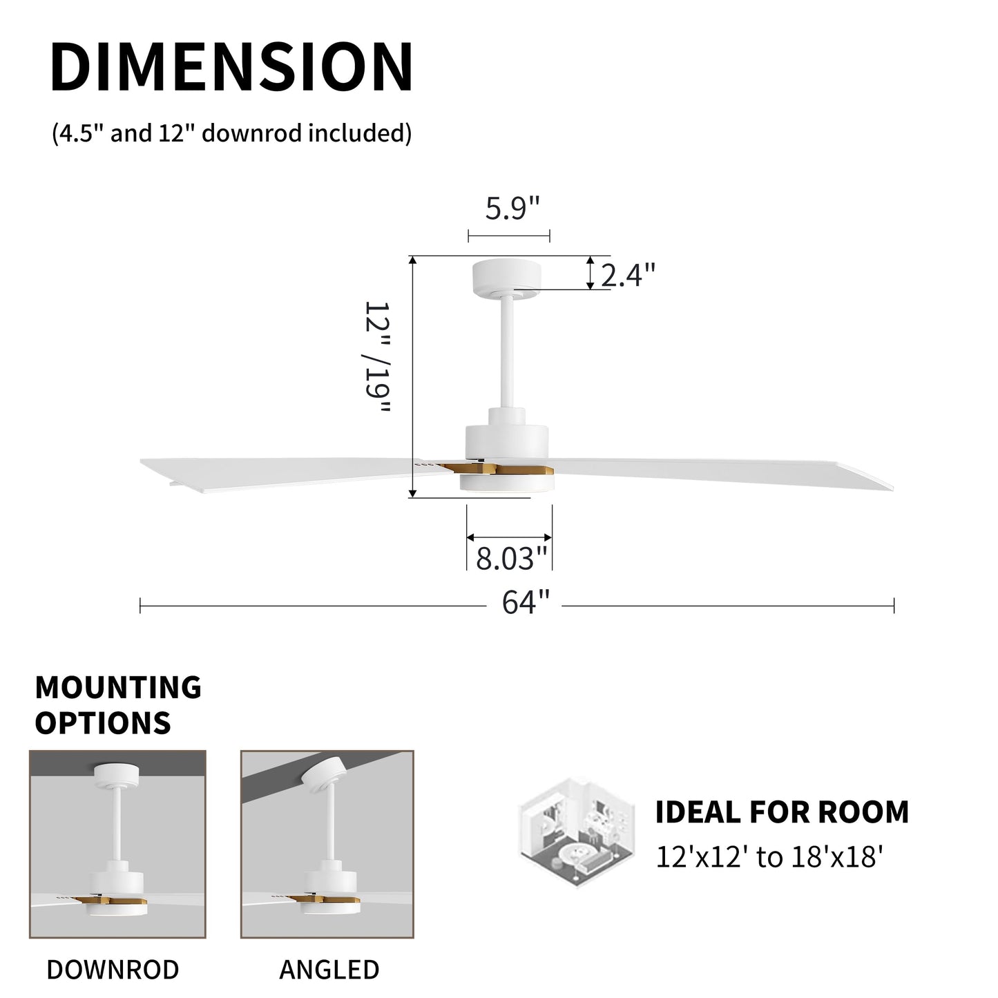 WINGBO 64 Inch Ceiling Fan with Light and Remote, 5 Plywood Blades, 6-Speed Reversible DC Motor, Dimmable, 3CCT, Modern Ceiling Fan for Bedroom Living Room Kitchen, Gold and White