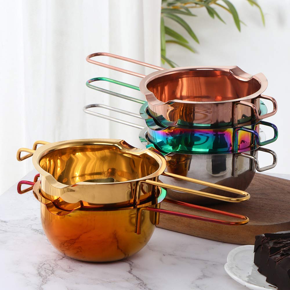 BISDARUN Double Boiler Melting pot with Spoon Set, 400ml Stainless Steel with Handle, Candle Making Potpourri for Melting Chocolate, Candy, Candles, Soap (Rainbow Color)