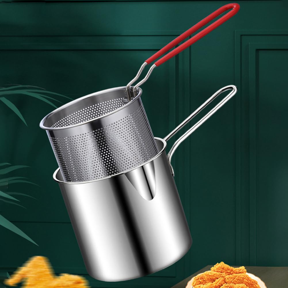 Deep Fryer Pot with Basket and Handle, Stainless Steel Frying Pan Mini Fryer Soup Pot with Tongs and Lid Japanese Tempura Fryer Deep Fryers Frying Pot for Fish Shrimp Chicken and Fries