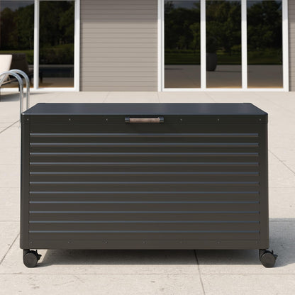 MIRADOR 134 Gallon Outdoor Storage Box with Wheels & Soft-Close Lid, Waterproof Metal Deck Box for Patio Cushions, Garden Tools & Pool Accessories, Charcoal