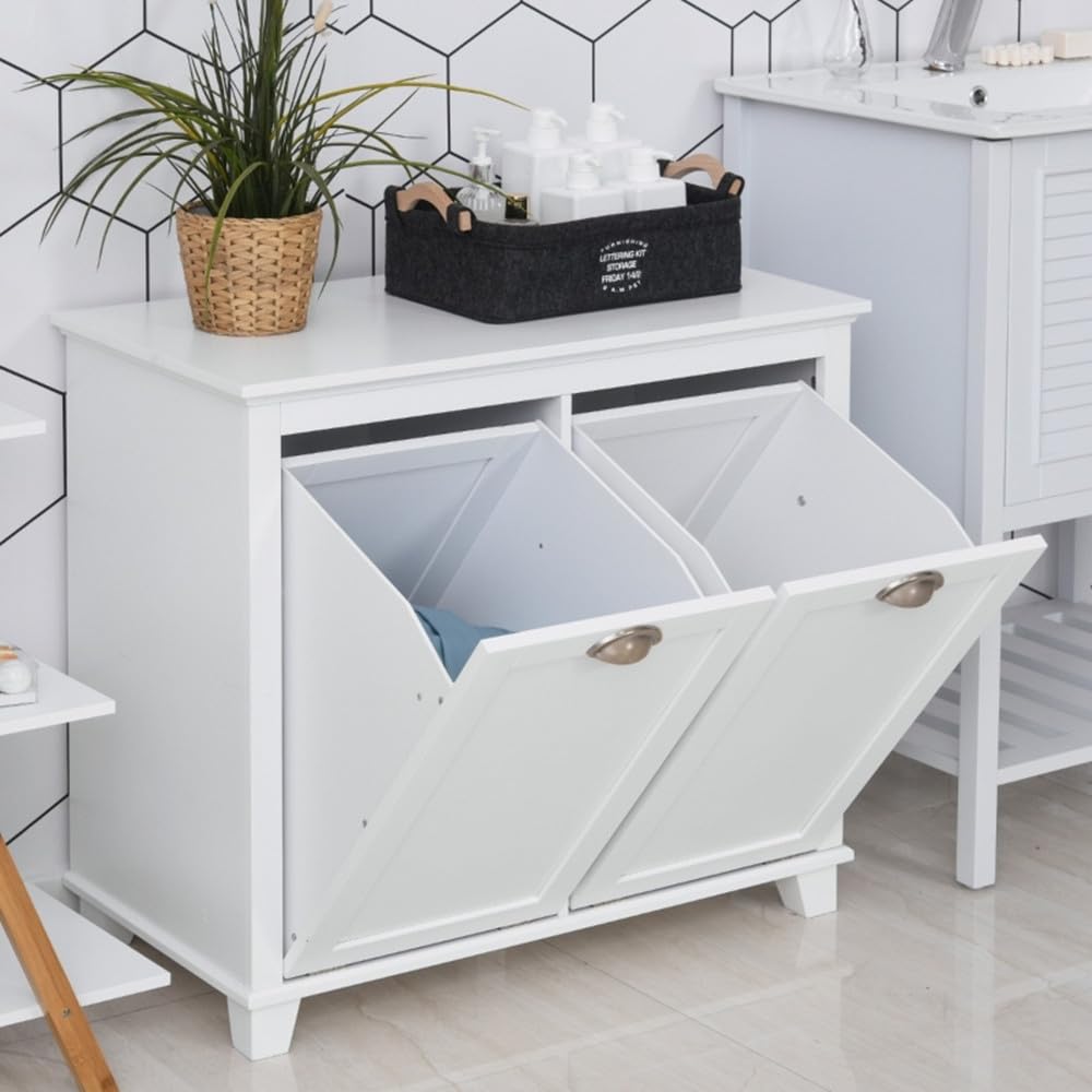 White Tilt Out Laundry Hamper Cabinet Bathroom Storage Organizer White Small Space Floor Standing Sorter with 2 Compartments Laundry Room Bedroom Hidden Hamper Freestanding Narrow Space Saving