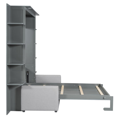Merax Queen Size Murphy with Sofa and Shelves for Bedroom or Guestroom Wall Bed Space Saving Hidden Bed,No Need Fix to The Wall,Gray