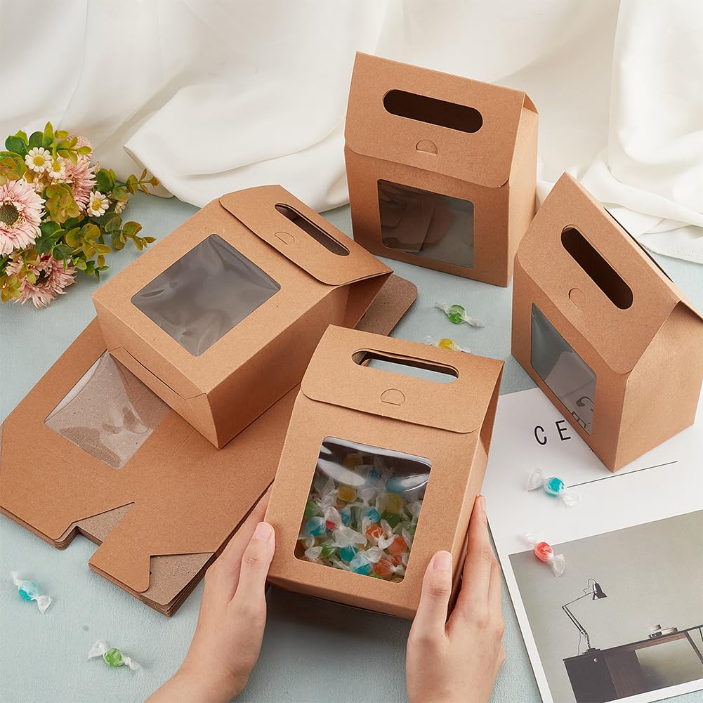 PH PandaHall 12pcs Treat Gift Boxes Kraft Paper Boxes Dessert Bakery Boxes with Display Window Packing Box for Valentine Mother's Day Easter Birthday Party 3.1x5.2x5 inch