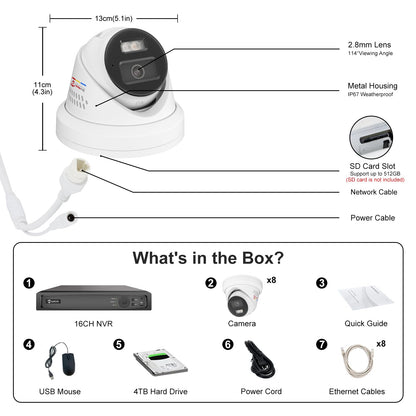 《Strobe Sound Light Alarm & 2-Way Audio》Anpviz 16CH 4K PoE Security Camera System, 8X 8MP Wired IP Turret Cameras Outdoor Metal, 12MP NVR with 4TB HDD, True Plug & Play for Business Home(H Series)