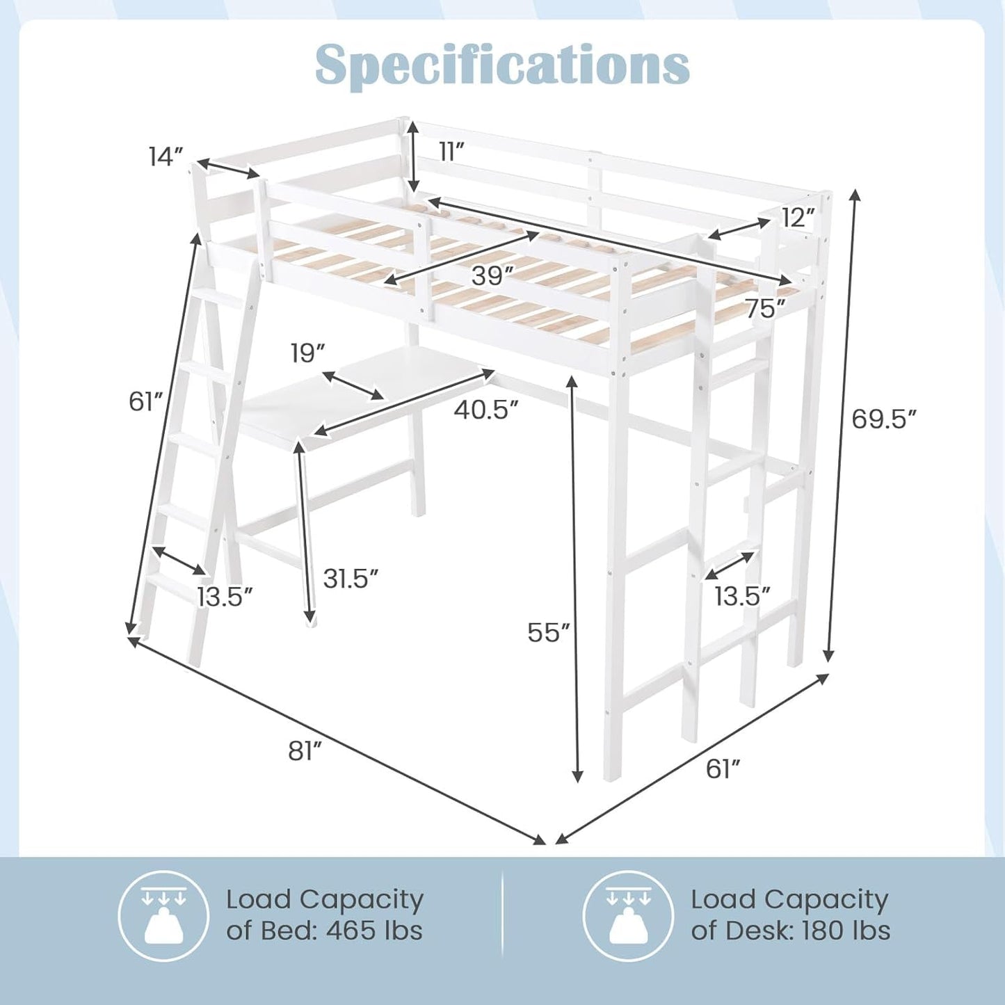 KOMFOTT Twin Loft Bed with Desk, Solid Wood Twin Bed Frame with 2 Ladders, Safety Guardrail for Teenagers, Space-Saving Loft Bed with Wooden Slats Support, No Box Spring Needed (White)