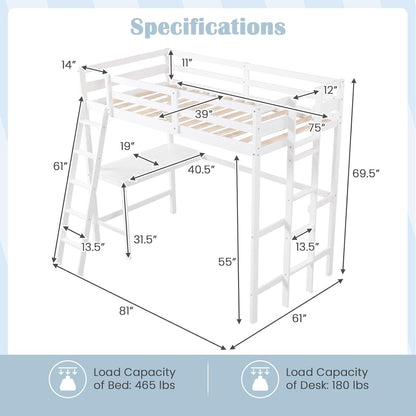 KOMFOTT Twin Loft Bed with Desk, Solid Wood Twin Bed Frame with 2 Ladders, Safety Guardrail for Teenagers, Space-Saving Loft Bed with Wooden Slats Support, No Box Spring Needed (White)