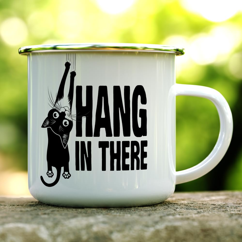 Hang in There Enamel Camping Coffee Mug - Funny Inspirational Motivational Cat Gift Cup for Friend, Coworker, Women,