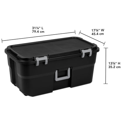 Sterilite 4 Pack Wheeled Footlocker, 22 Gallon Plastic Storage Container with Latching Lid and Handles, Black - Large Stackable Bin Home Organizer