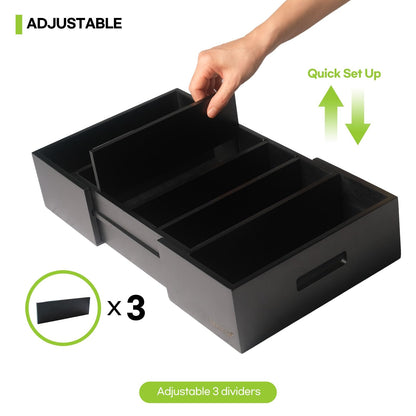 CLEANCLUE Expandable Kitchen Cabinet Organizer for Food Storage Container Lids, Bamboo Drawer Caddy Adjustable Dividers, Box for Kitchen Storage and Organization, Lids Organizer for Cabinet (Black)