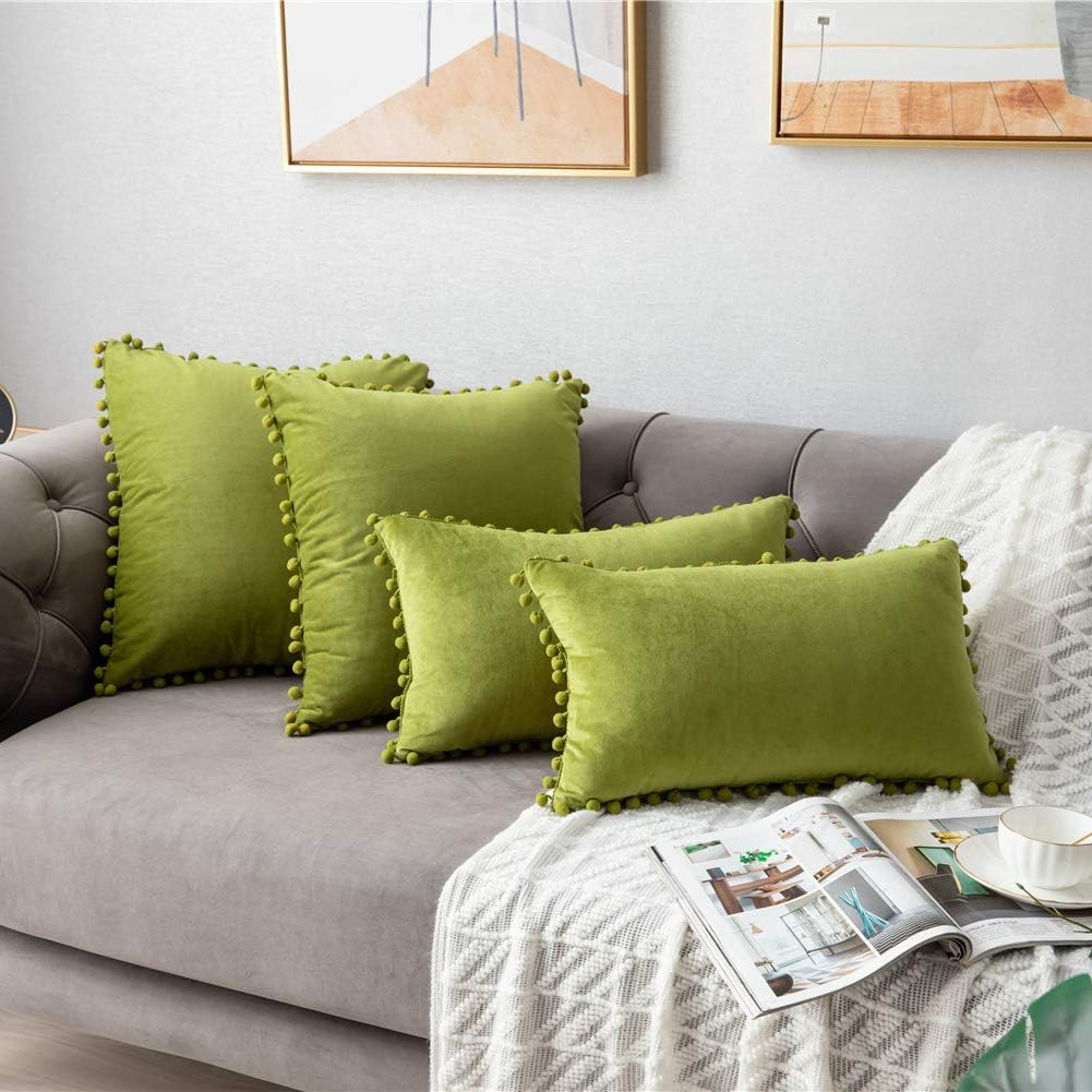 DEZENE Couch Pillow Cases 12x20 Chartreuse: 2 Pack Soft Pom-poms Velvet Rectangular Throw Pillow Covers
