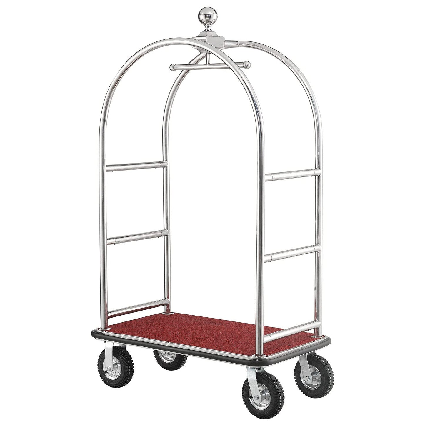 Global Industrial Silver Stainless Steel Bellman Cart Curved Uprights 8" Pneumatic Casters, 41-1/4"L x 24" W x 75" H, Hotel Luggage Cart for Commercial Use, Condos, Resorts