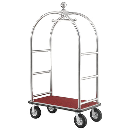 Global Industrial Silver Stainless Steel Bellman Cart Curved Uprights 8" Pneumatic Casters, 41-1/4"L x 24" W x 75" H, Hotel Luggage Cart for Commercial Use, Condos, Resorts