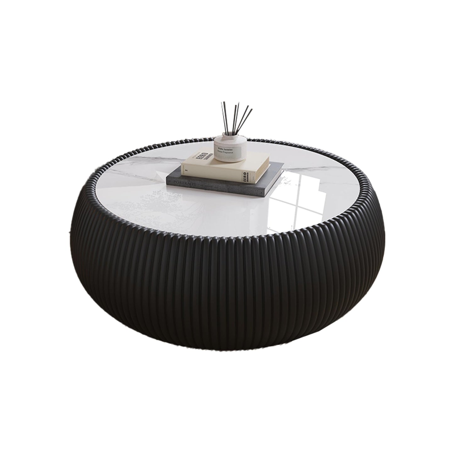 KEIKI Round Coffee Table, Mid Century Modern Tea Tables w/Marble Desktop, No Assembly Required Drum Shaped Corner Center Drink Tables, Accent Side Cafe Desk for Living Room, PU Wrapped Frame, Black