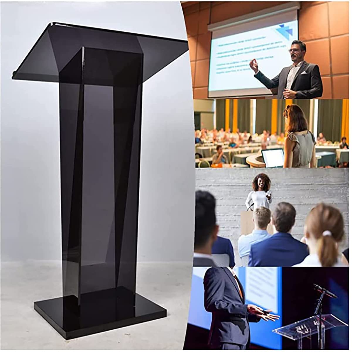 FAiruo Podium Acrylic Lectern Pulpit Media Podium Table Black Transparent Podium for, Church, Award Ceremony, Party Stage
