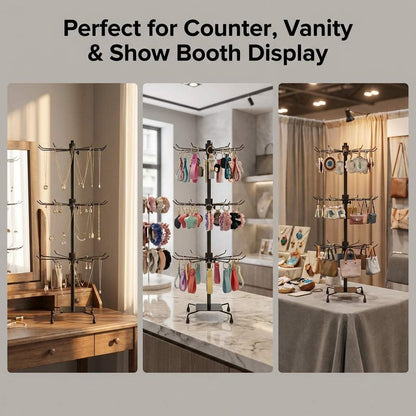 QWORK 3-Tier Rotating Metal Jewelry Display Stand – Adjustable Tabletop Holder for Necklaces, Earrings & Key Rings