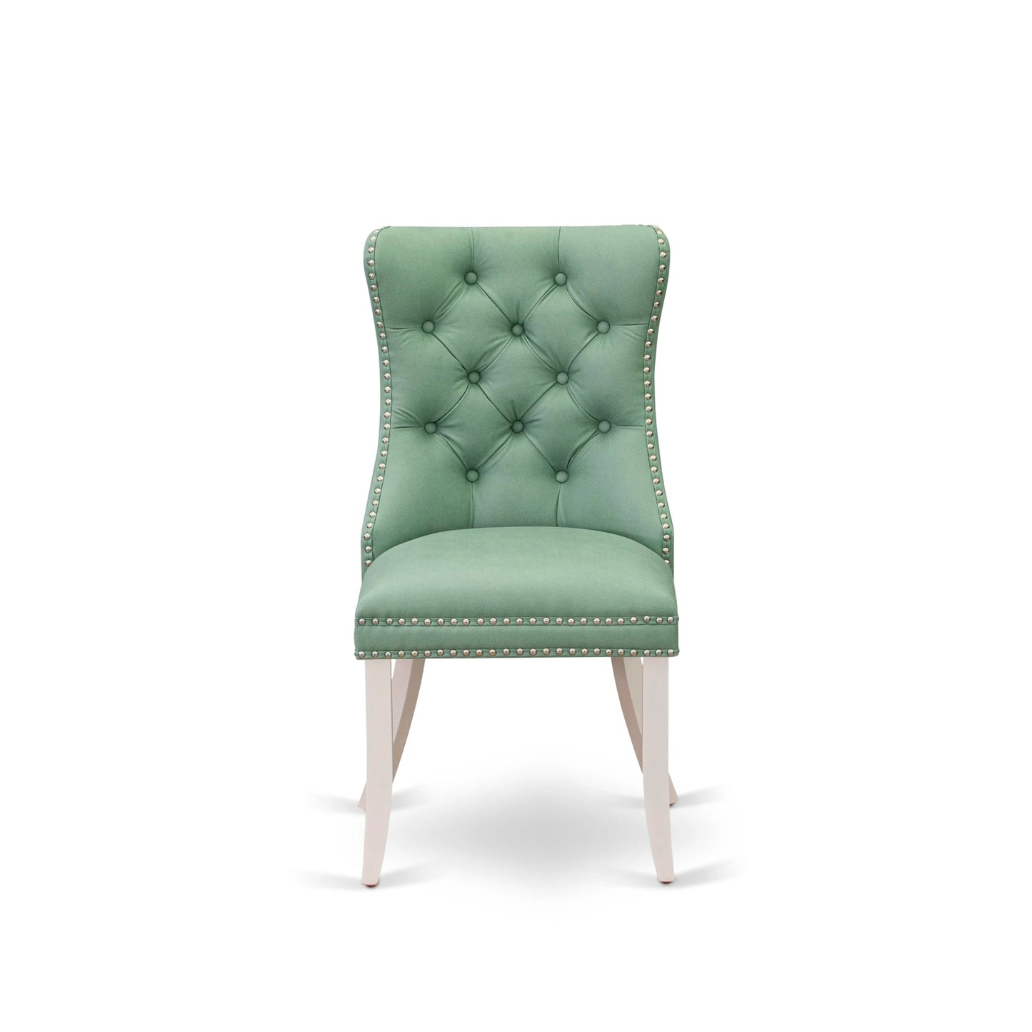 East West Furniture DAP2F22 Dallas Parson Kitchen Chairs - Button Tufted Nailhead Willow Green Polyester Fabric Upholstered Dining Chairs, Set of 2, Linen White