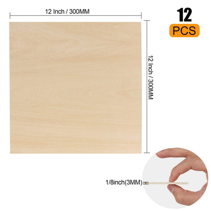 12 Pack Basswood Sheets 1/8 x 12 x 12 Inch Plywood Board, Thin Natural Unfinished Wood for Crafts, Hobby, Model Making, Wood Burning and Laser Projects