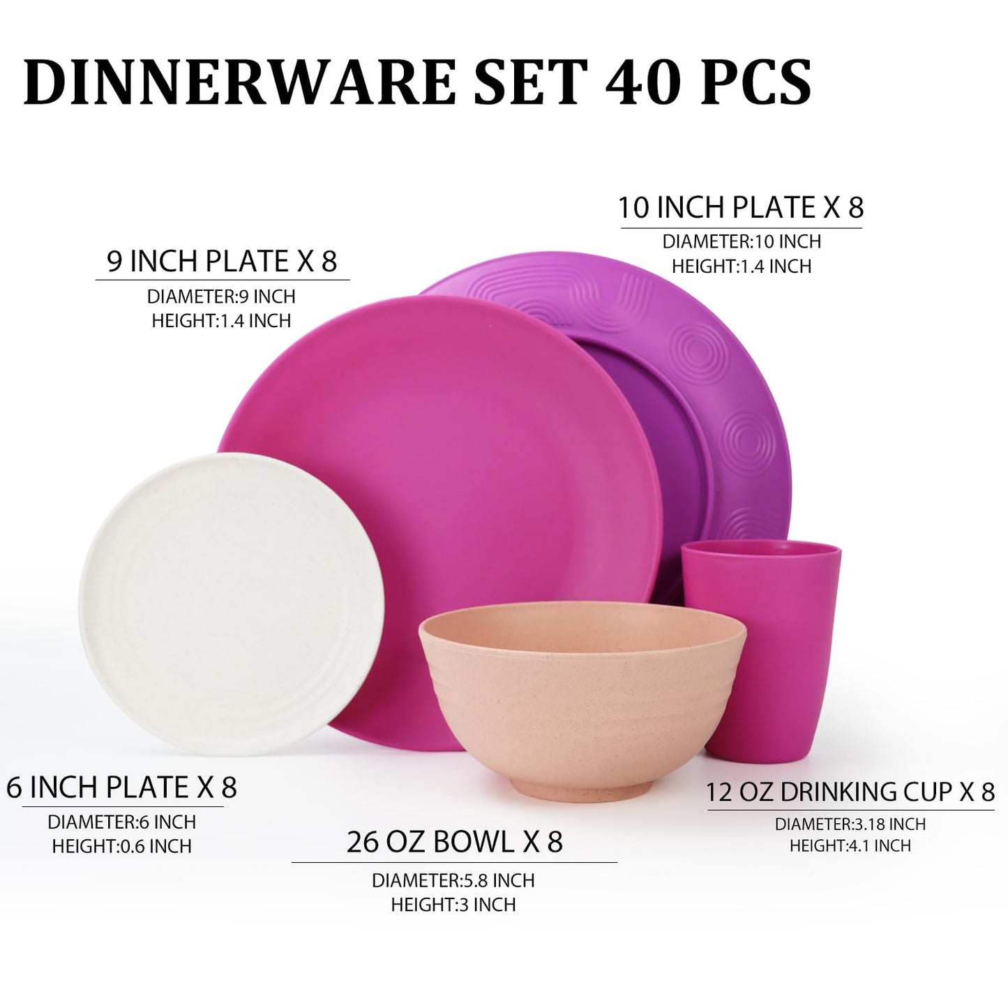 Wheat Straw Dinnerware Set 40-Piece Service for 8 Unbreakable Dishes Set Plates and Bowls Sets Drinking Glasses Microwave Safe Dish Set Lightweight Dinnerware Set for Home & Kitchen - Yellow