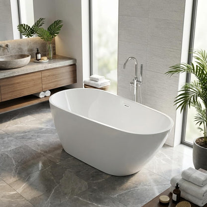 Freestanding Bathtub, Acrylic, Deep Soaking, Modern Upright Bathtub with Matte Drain and Black Overflow, Durable Double Wall, Freestanding for Bathroom, 67'', White