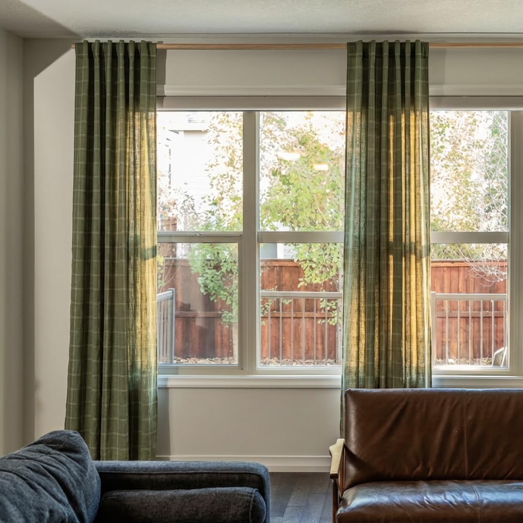 NICETOWN Linen Plaid Curtains Gingham Window Panels Moss Green Check Tartan Light Filtering Curtains for Living Room Bedroom, Rod Pocket Back Tab, 2 Panels, 52 inch Wide x 84 inch Long