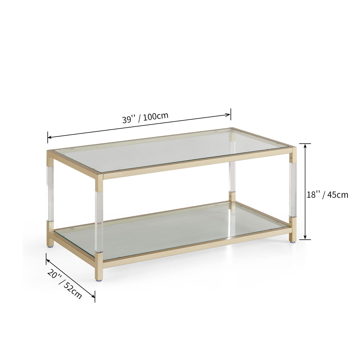 AGV LIGHTING 202205 BLEVIO Coffee Table, Modern Design Dual-Layer Coffee Table, Perfect for Living Space, Ultra-Clear Glass Top, Transparent Acrylic Leg & Gold Finish Metal Frame