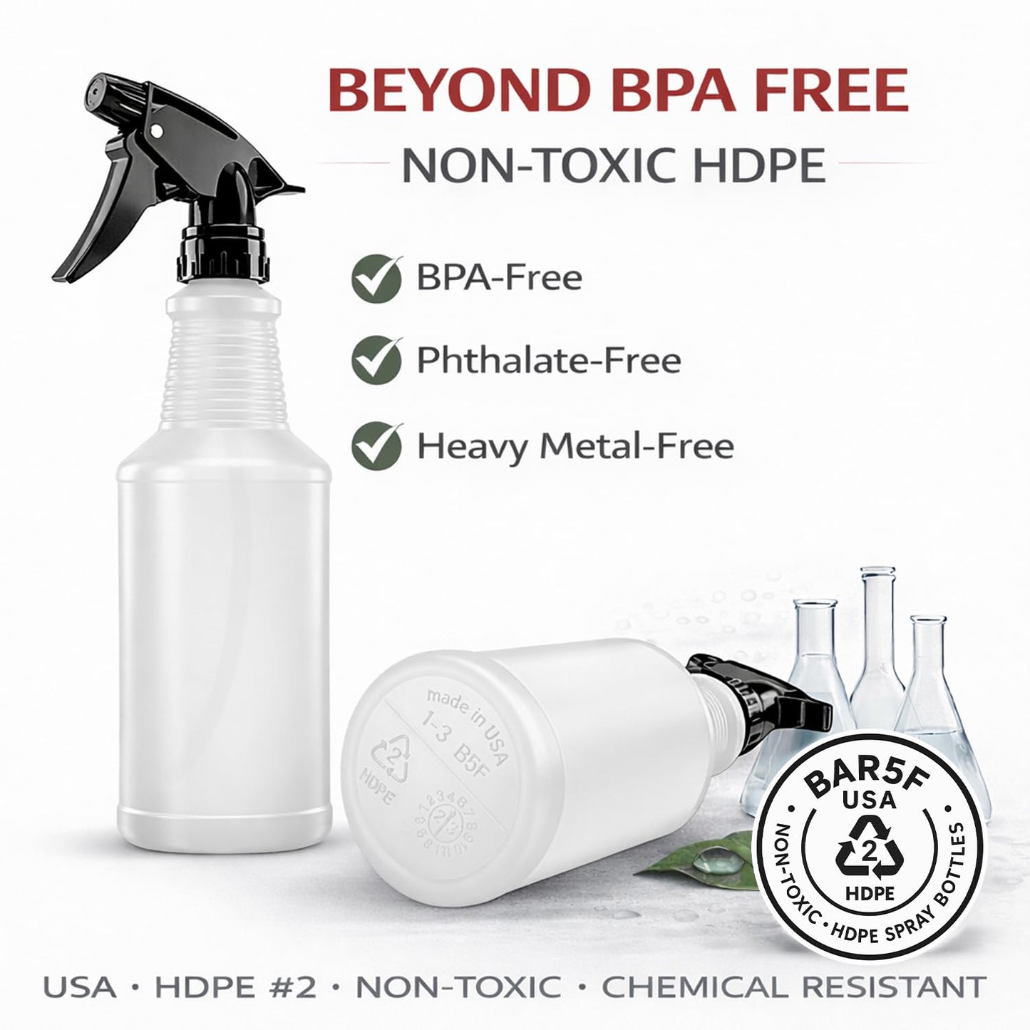 Bar5F Spray Bottles, 24oz, 3 Pack, Chemical-Resistant, BPA-Free, Compatible with Vinegar, Rubbing Alcohol, Cleaning Solutions, Non-Toxic HDPE Bottle for Plants, Pet, BBQ, Auto Detailing, Made in USA