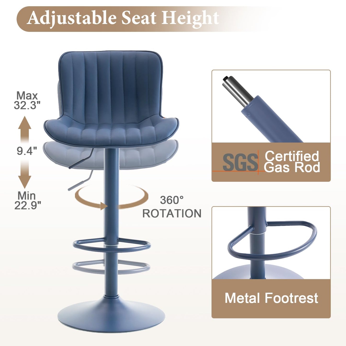 YOUNUOKE Bar Stools Set of 2, Counter Height Barstools for Kitchen Island, Modern Adjustable Swivel Blue Bar Chairs with Blue Legs