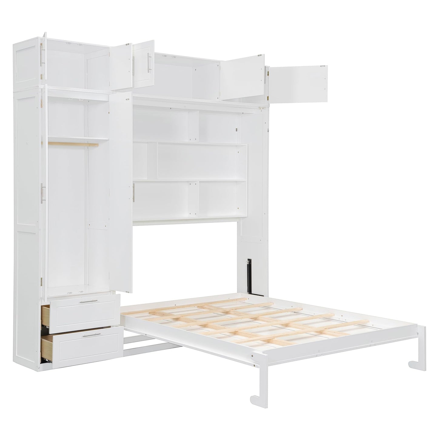 Merax Queen Size Murphy Bed with Top Cabinet, Shelves and Wardrobe, Fold into The Wall, Space-Saving Design, Multifunctional Foldable Platform Bed Frame for Bedroom, Guest Room, Home Office, White