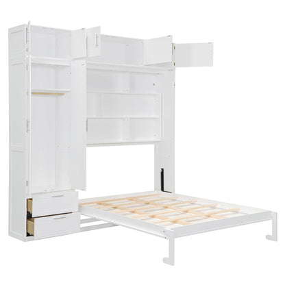 Merax Queen Size Murphy Bed with Top Cabinet, Shelves and Wardrobe, Fold into The Wall, Space-Saving Design, Multifunctional Foldable Platform Bed Frame for Bedroom, Guest Room, Home Office, White