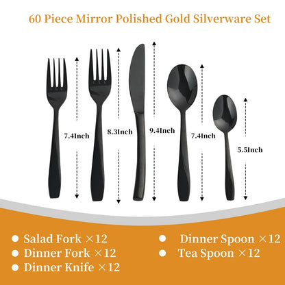 LIDEYING Black 60 Piece Silverware Set,Stainless Steel Flatware Set for 12,18/0 Rust-Proof Cutlery Set with Forks & Spoons,Mirror Polished Dishwasher Safe - Heavy Duty Tableware for Home & Dining